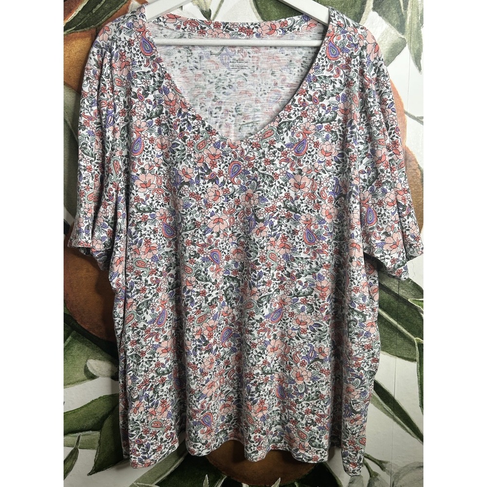 J Jill Womens Plus 3X Floral Pima Cotton Boatneck 3/4 Sleeve Tee Casual Top